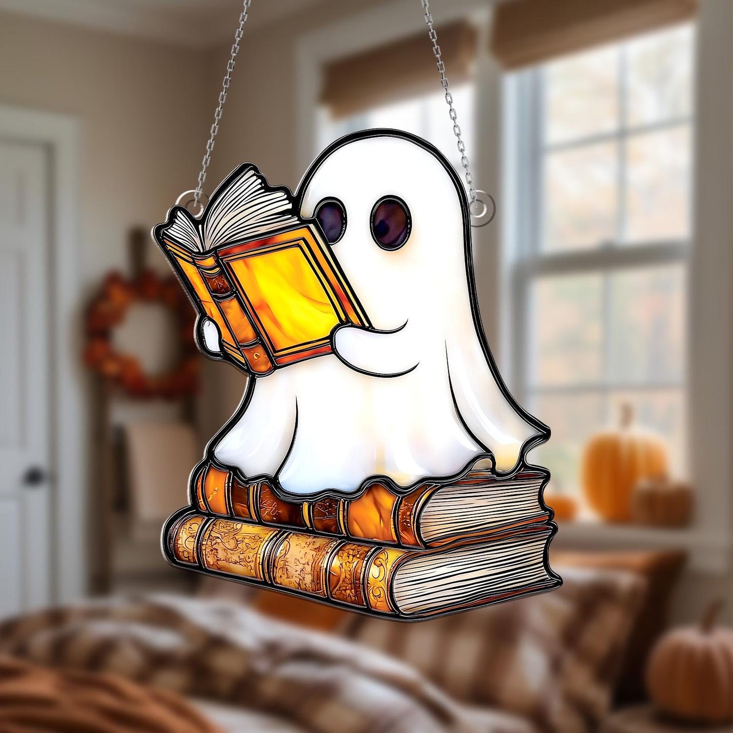 Ghost Reading Book Window Hanging – Cute Halloween Window Decor, Spooky Ghost Ornament for Book Lovers, Fall Home Decoration Gift