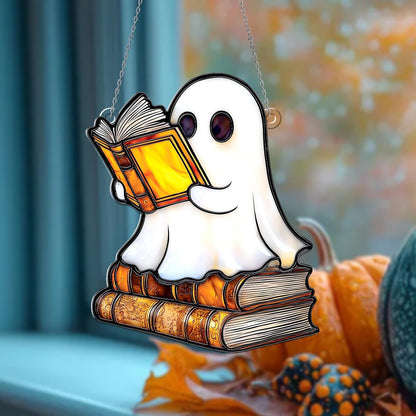 Ghost Reading Book Window Hanging – Cute Halloween Window Decor, Spooky Ghost Ornament for Book Lovers, Fall Home Decoration Gift
