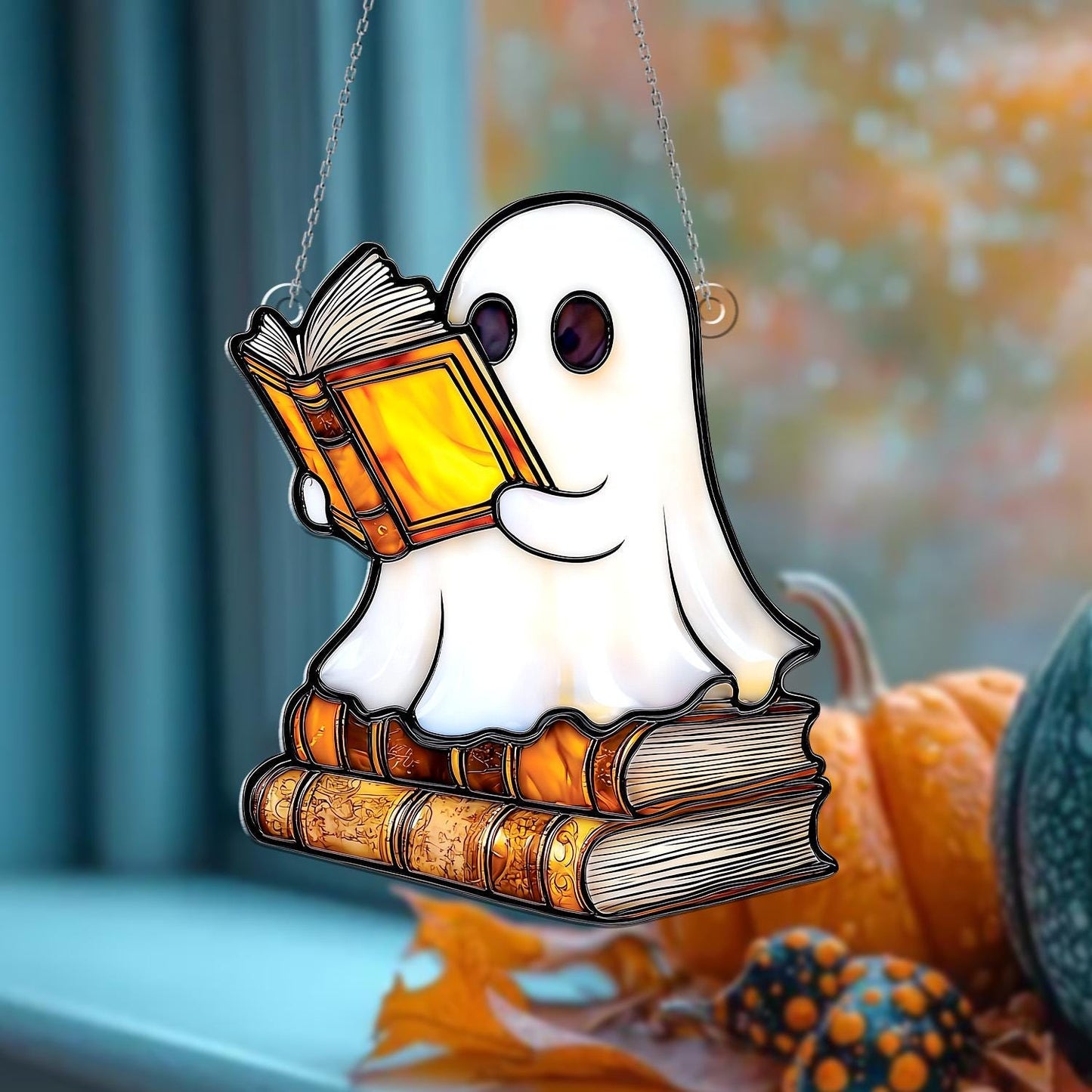 Ghost Reading Book Window Hanging – Cute Halloween Window Decor, Spooky Ghost Ornament for Book Lovers, Fall Home Decoration Gift