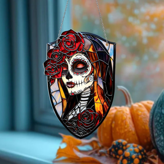 Day of the Dead Window Hanging with Sugar Skull Woman and Red Roses – Colorful Gothic Ornament, Halloween or Dia de los Muertos Decor