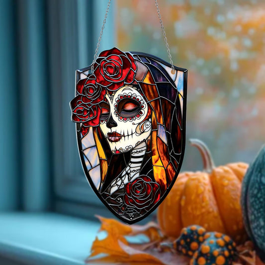 Day of the Dead Window Hanging with Sugar Skull Woman and Red Roses – Colorful Gothic Ornament, Halloween or Dia de los Muertos Decor