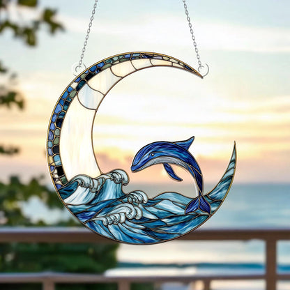 Dolphin and Crescent Moon Window Hanging – Ocean Wave Decorative Window Ornament, Nautical Sea Life Decor and Unique Gift for Home