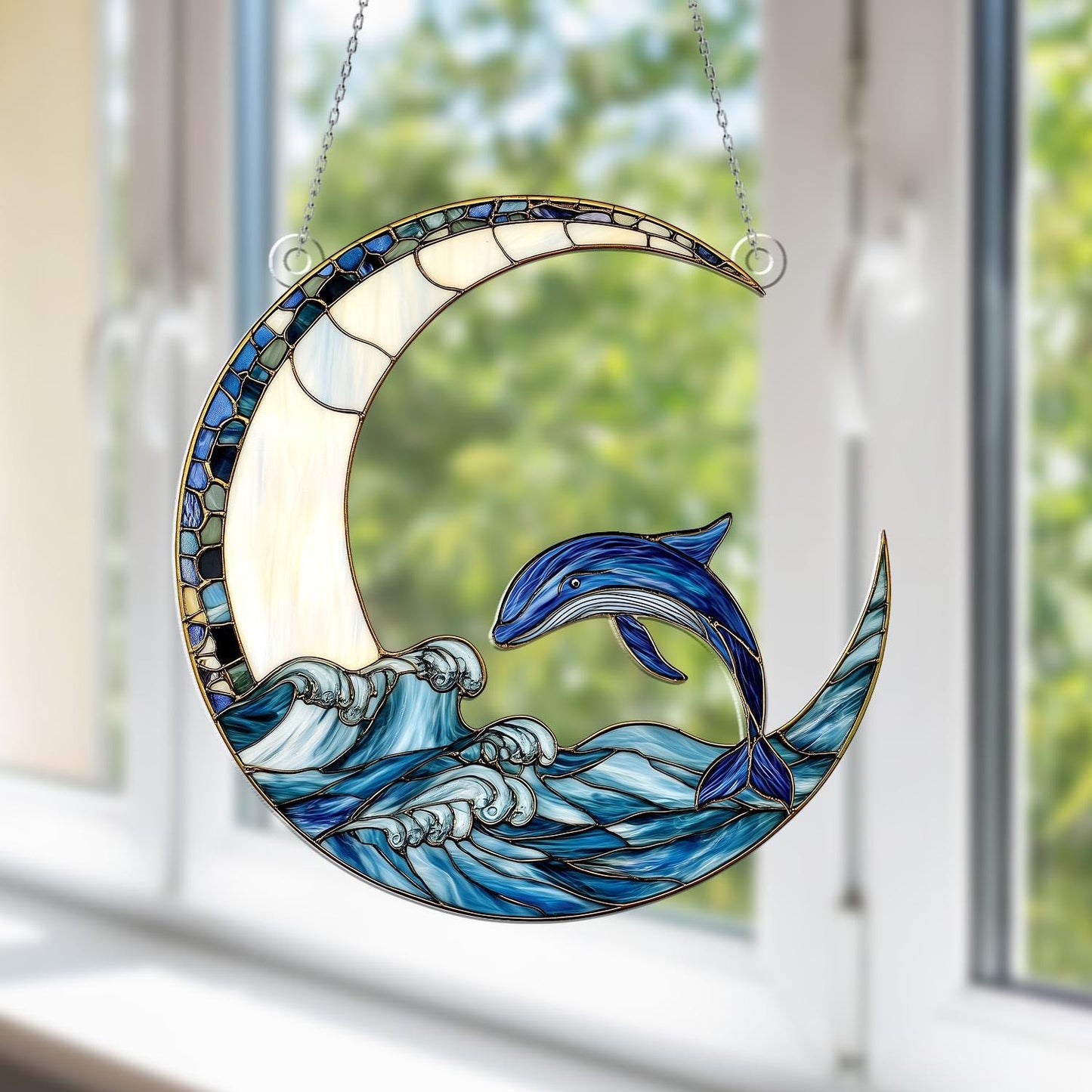 Dolphin and Crescent Moon Window Hanging – Ocean Wave Decorative Window Ornament, Nautical Sea Life Decor and Unique Gift for Home