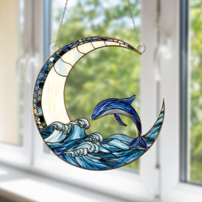 Dolphin and Crescent Moon Window Hanging – Ocean Wave Decorative Window Ornament, Nautical Sea Life Decor and Unique Gift for Home