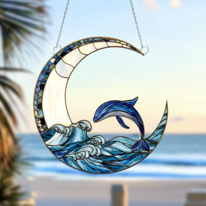 Dolphin and Crescent Moon Window Hanging – Ocean Wave Decorative Window Ornament, Nautical Sea Life Decor and Unique Gift for Home