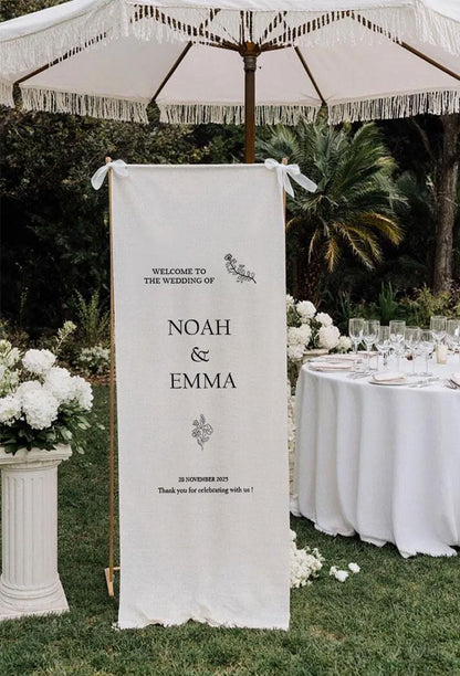 Rustic Wedding Welcome Sign, Custom Fabric Banner, Personalized Ceremony Sign, Boho Outdoor Wedding Decor, Modern Linen Reception Sign