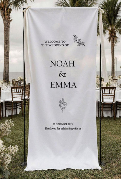Rustic Wedding Welcome Sign, Custom Fabric Banner, Personalized Ceremony Sign, Boho Outdoor Wedding Decor, Modern Linen Reception Sign