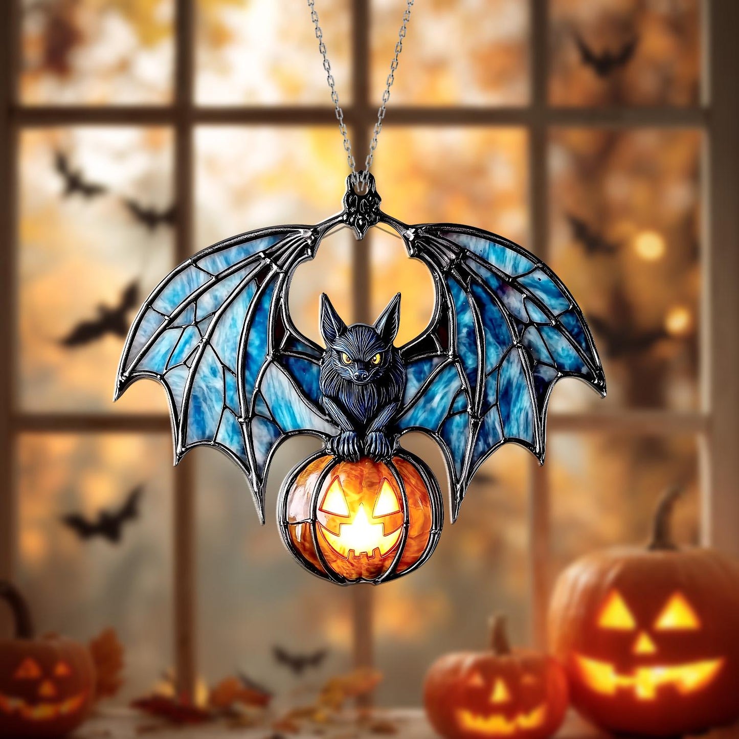 Bat and Pumpkin Window Hanging – Spooky Halloween Window Ornament, Gothic Bat Suncatcher, Jack O Lantern Home Decor and Unique Gift