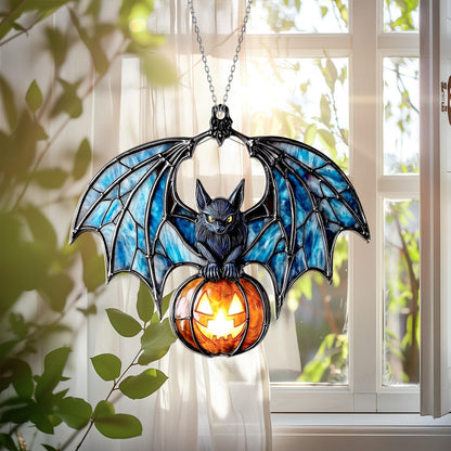 Bat and Pumpkin Window Hanging – Spooky Halloween Window Ornament, Gothic Bat Suncatcher, Jack O Lantern Home Decor and Unique Gift