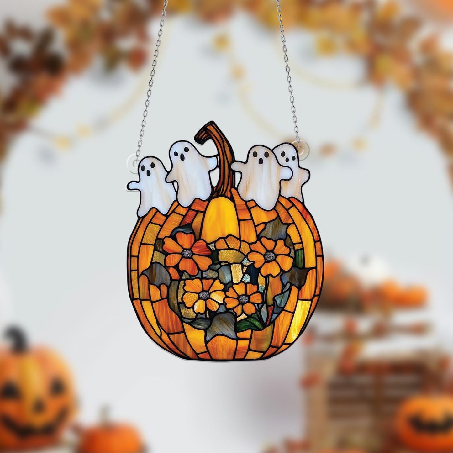 Pumpkin Ghost Window Hanging, Halloween Acrylic Decor with Flowers, Cute Spooky Fall Ornament, Haunted Pumpkin Window Decoration
