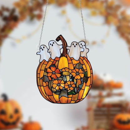 Pumpkin Ghost Window Hanging, Halloween Acrylic Decor with Flowers, Cute Spooky Fall Ornament, Haunted Pumpkin Window Decoration