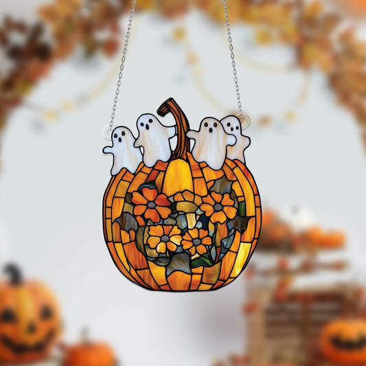 Pumpkin Ghost Window Hanging, Halloween Acrylic Decor with Flowers, Cute Spooky Fall Ornament, Haunted Pumpkin Window Decoration