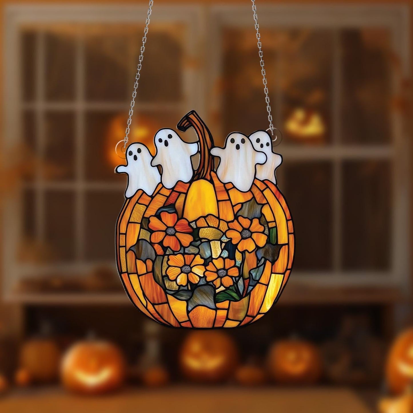 Pumpkin Ghost Window Hanging, Halloween Acrylic Decor with Flowers, Cute Spooky Fall Ornament, Haunted Pumpkin Window Decoration