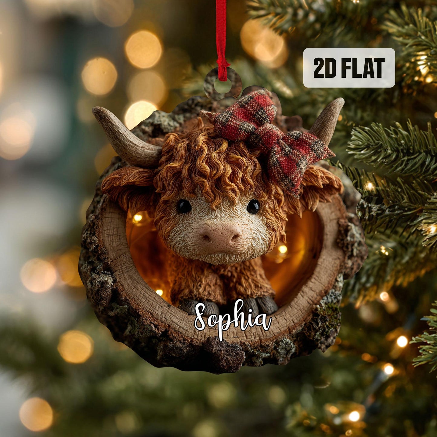 Personalized Highland Cow 2D Flat Ornament, Custom Name Christmas Tree Ornament, Farmhouse Christmas Home Decor, Gift for Highland Cow Lover
