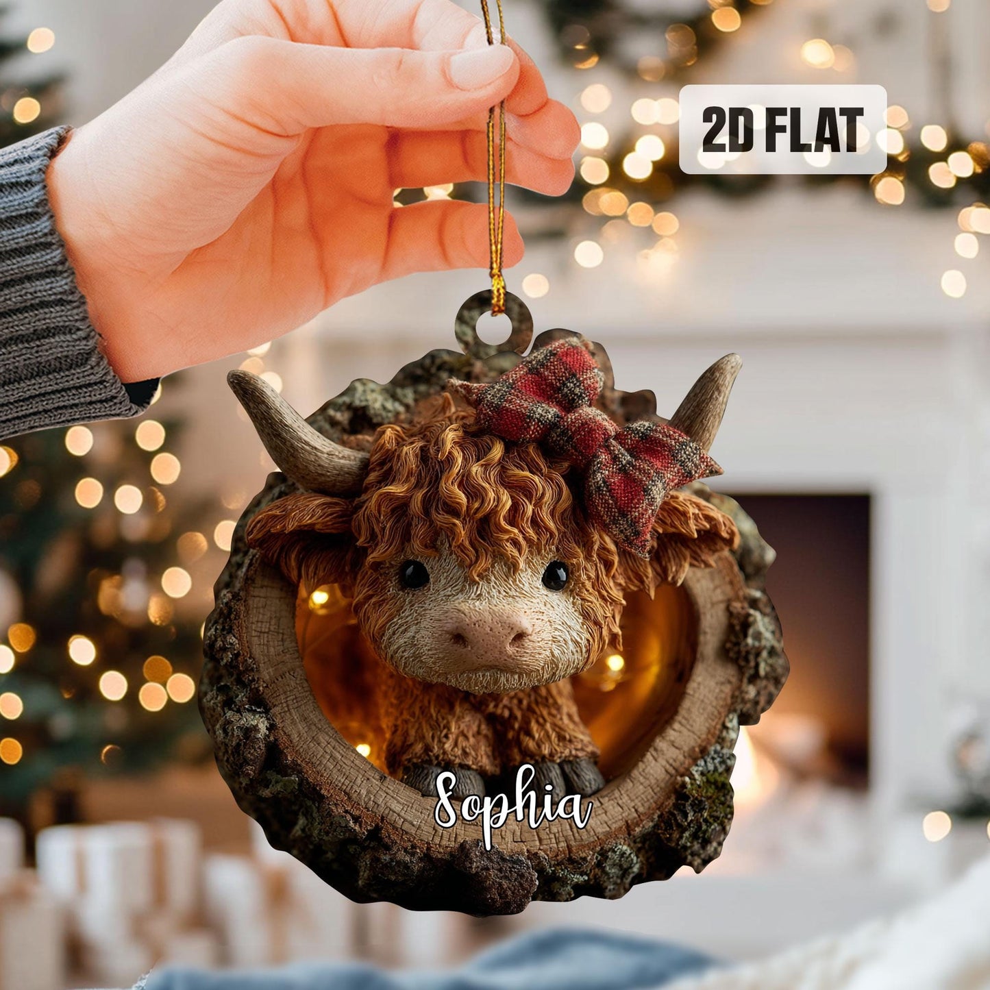 Personalized Highland Cow 2D Flat Ornament, Custom Name Christmas Tree Ornament, Farmhouse Christmas Home Decor, Gift for Highland Cow Lover
