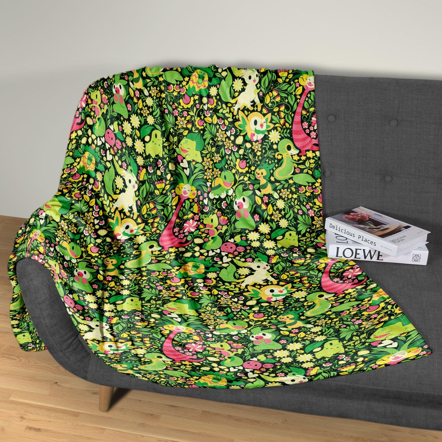 Rowlet and Leafeon Fleece Blanket, Cozy Throw for Bedroom and Living Room, Soft Cotton Bedding Gift, Rowlet Blanket Gifts