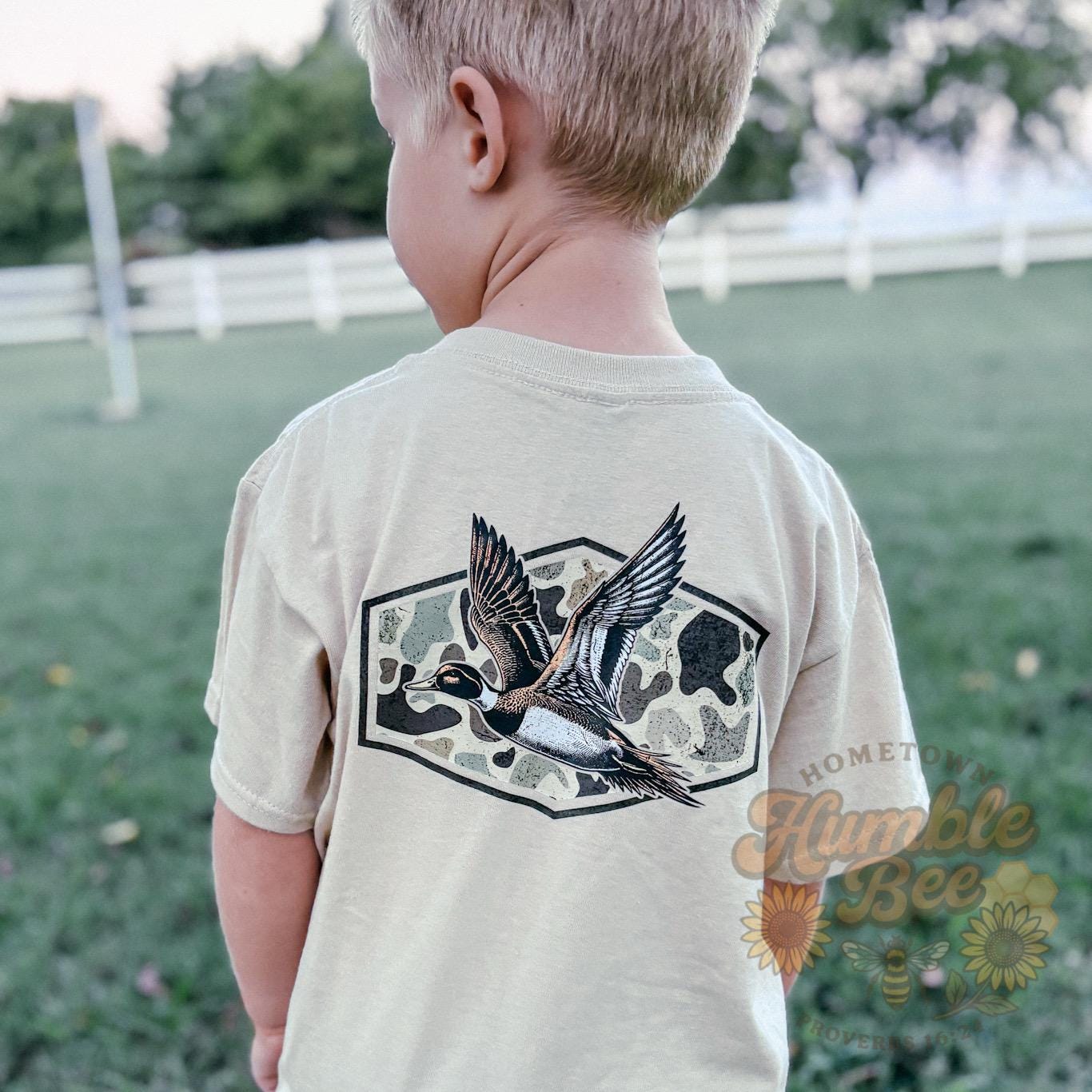 Youth Camo Duck Hunting T-Shirt | Mallard Flight Outdoor Tee | Front & Back Design |Waterfowl Shirt for Kids | Gildan Outdoors Graphic Tee