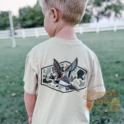 Youth Camo Duck Hunting T-Shirt | Mallard Flight Outdoor Tee | Front & Back Design |Waterfowl Shirt for Kids | Gildan Outdoors Graphic Tee