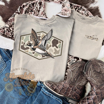 Youth Camo Duck Hunting T-Shirt | Mallard Flight Outdoor Tee | Front & Back Design |Waterfowl Shirt for Kids | Gildan Outdoors Graphic Tee