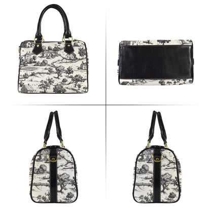 Noir Echo Toile-de-jouy Vintage-Inspired Boston Handbag, Top Handle Vegan Leather, Crossbody, Shoulder bag, Tote Bag.