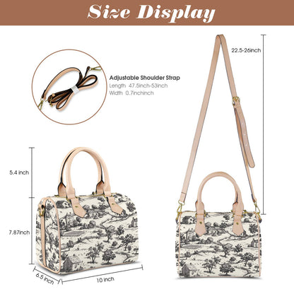 Noir Echo Toile-de-jouy Vintage-Inspired Boston Handbag, Top Handle Vegan Leather, Crossbody, Shoulder bag, Tote Bag.