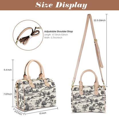 Noir Echo Toile-de-jouy Vintage-Inspired Boston Handbag, Top Handle Vegan Leather, Crossbody, Shoulder bag, Tote Bag.