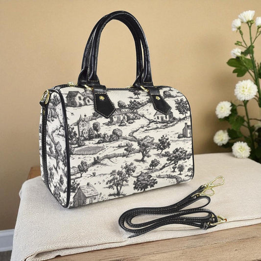 Noir Echo Toile-de-jouy Vintage-Inspired Boston Handbag, Top Handle Vegan Leather, Crossbody, Shoulder bag, Tote Bag.