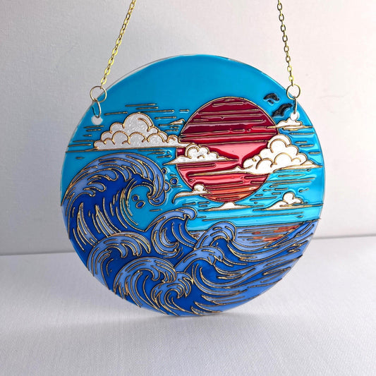 Stained glass Japanese decor-Sunset Sea Sun Cloud-Suncatcher for window-Living room decor-Vacation memories