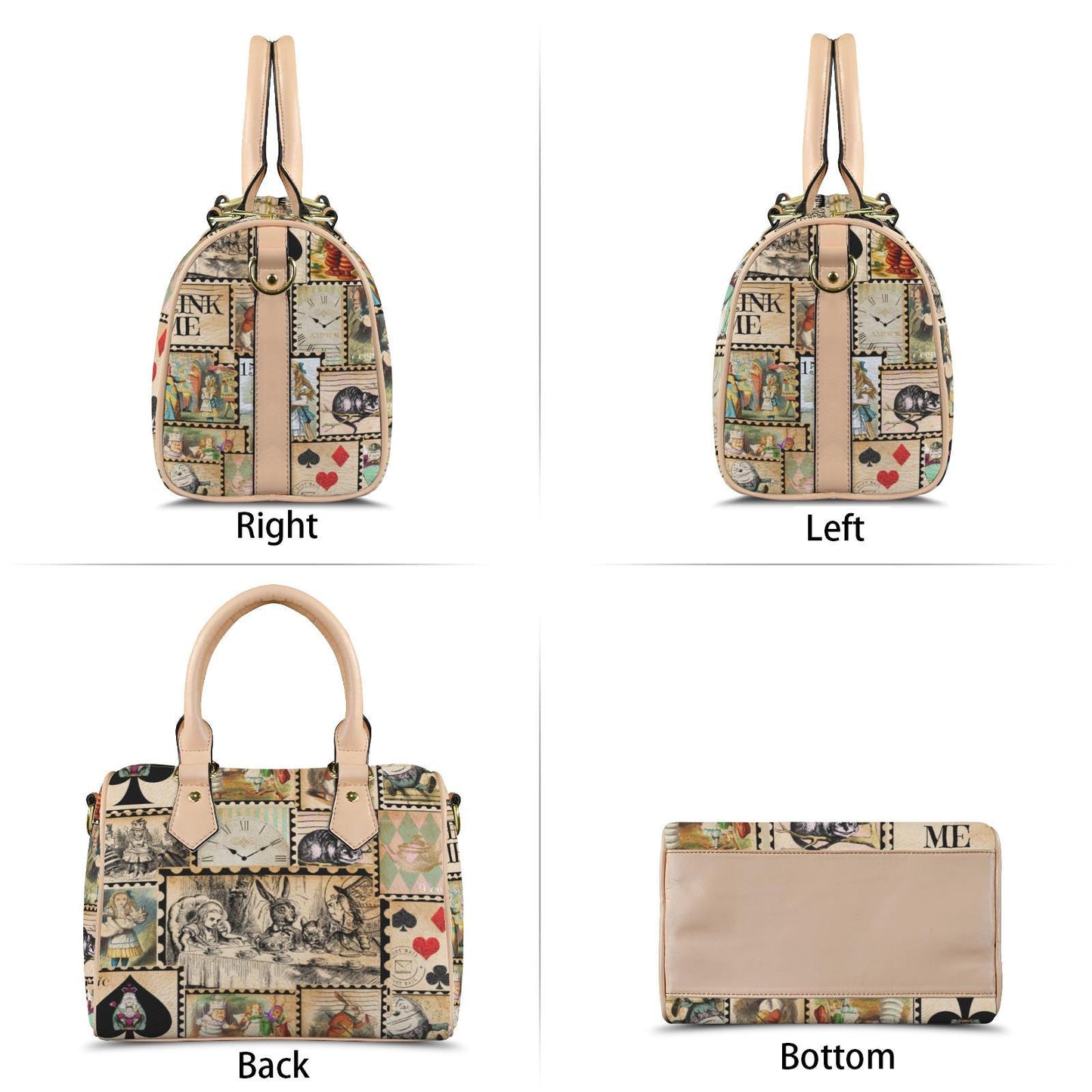 Alice in Wonderland Vintage Inspired Boston Handbag, Faux Leather Handbag, Top Handle Vegan Leather, Shoulder bag, Tote Bag.