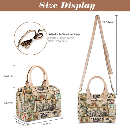 Alice in Wonderland Vintage Inspired Boston Handbag, Faux Leather Handbag, Top Handle Vegan Leather, Shoulder bag, Tote Bag.