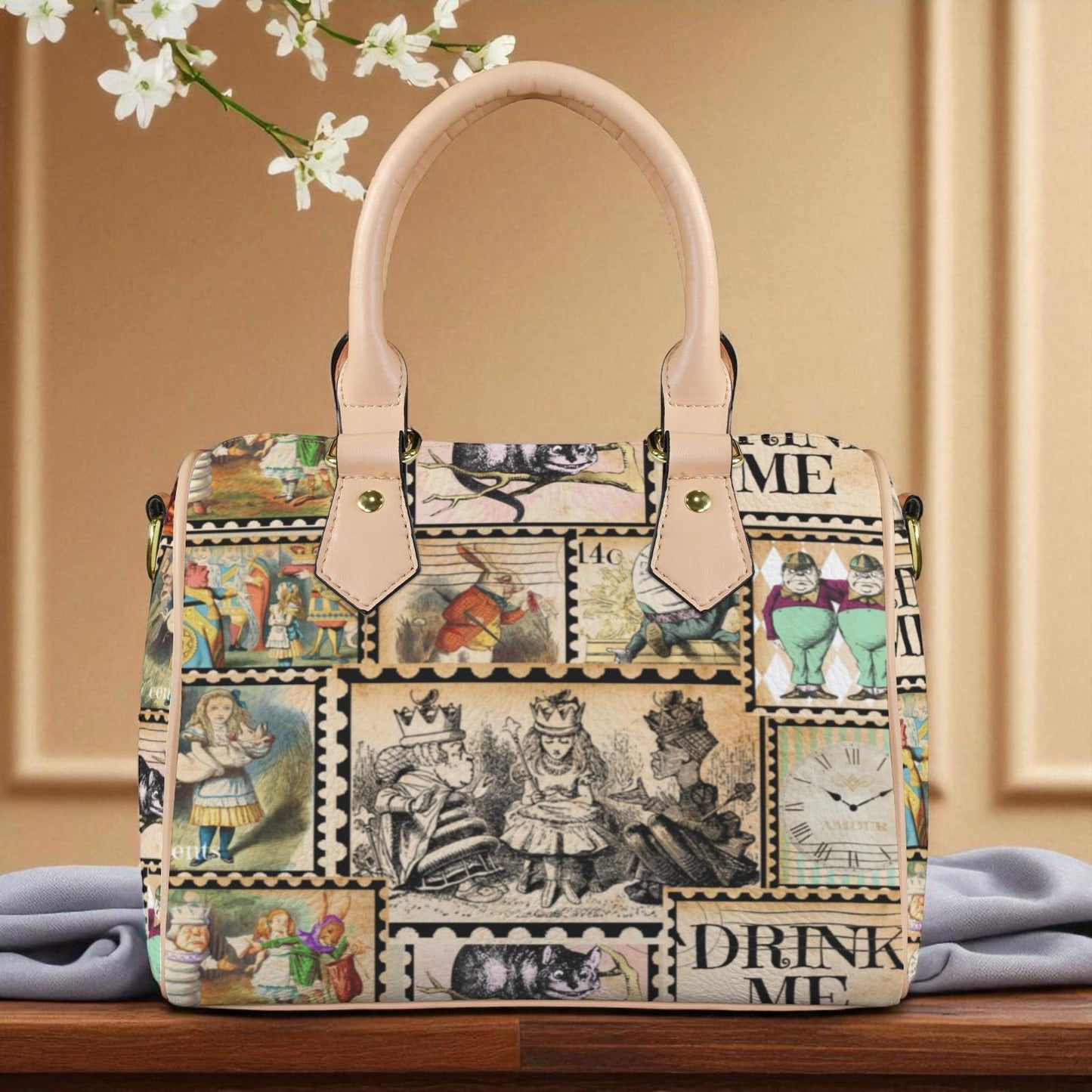 Alice in Wonderland Vintage Inspired Boston Handbag, Faux Leather Handbag, Top Handle Vegan Leather, Shoulder bag, Tote Bag.