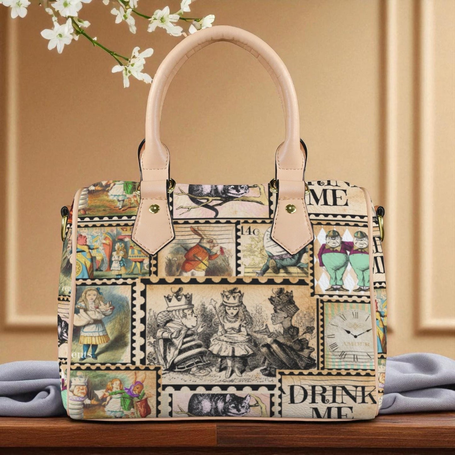 Alice in Wonderland Vintage Inspired Boston Handbag, Faux Leather Handbag, Top Handle Vegan Leather, Shoulder bag, Tote Bag.