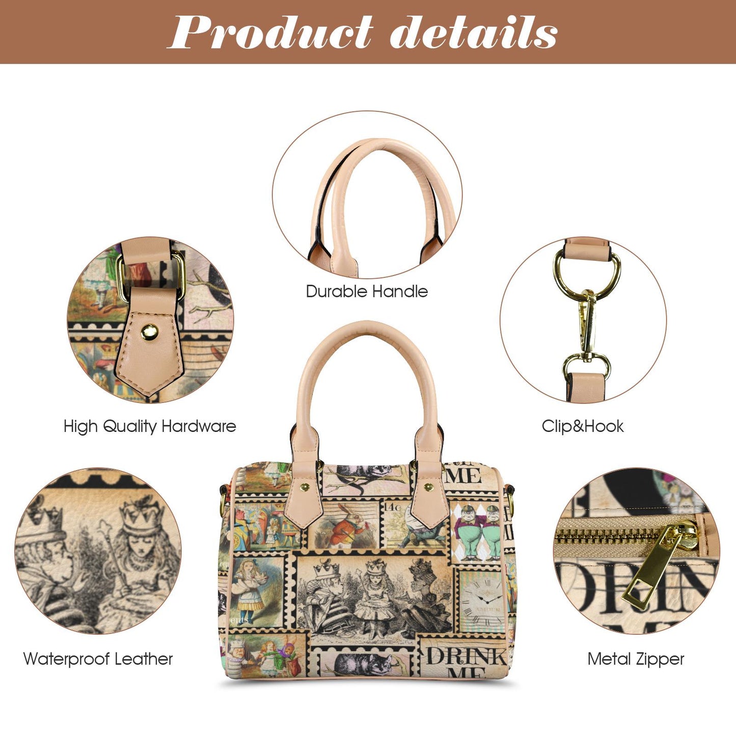 Alice in Wonderland Vintage Inspired Boston Handbag, Faux Leather Handbag, Top Handle Vegan Leather, Shoulder bag, Tote Bag.