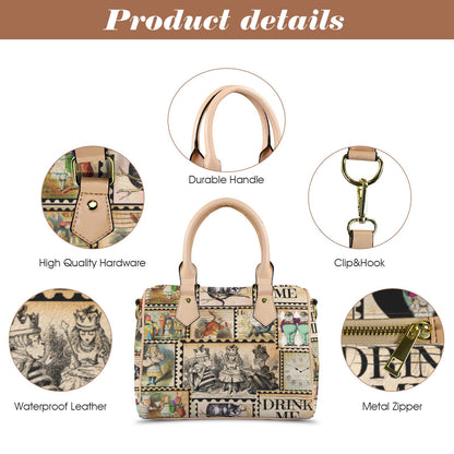 Alice in Wonderland Vintage Inspired Boston Handbag, Faux Leather Handbag, Top Handle Vegan Leather, Shoulder bag, Tote Bag.