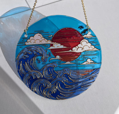 Stained glass Japanese decor-Sunset Sea Sun Cloud-Suncatcher for window-Living room decor-Vacation memories