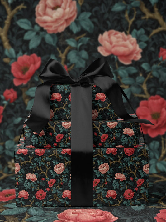 Vintage Botanical Wrapping Paper Dark Floral Gift Wrap Rose Wrapping Paper Vintage Rose Paper Cottagecore Gift Wrap Floral Gift Wrap Paper