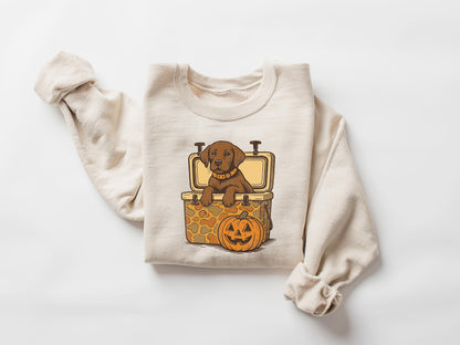 Brown Lab Halloween Sweatshirt, Dog in Camo Cooler Shirt with Pumpkin Face, Fall Hunting Dog Shirt,Southern Spooky Halloween Tee