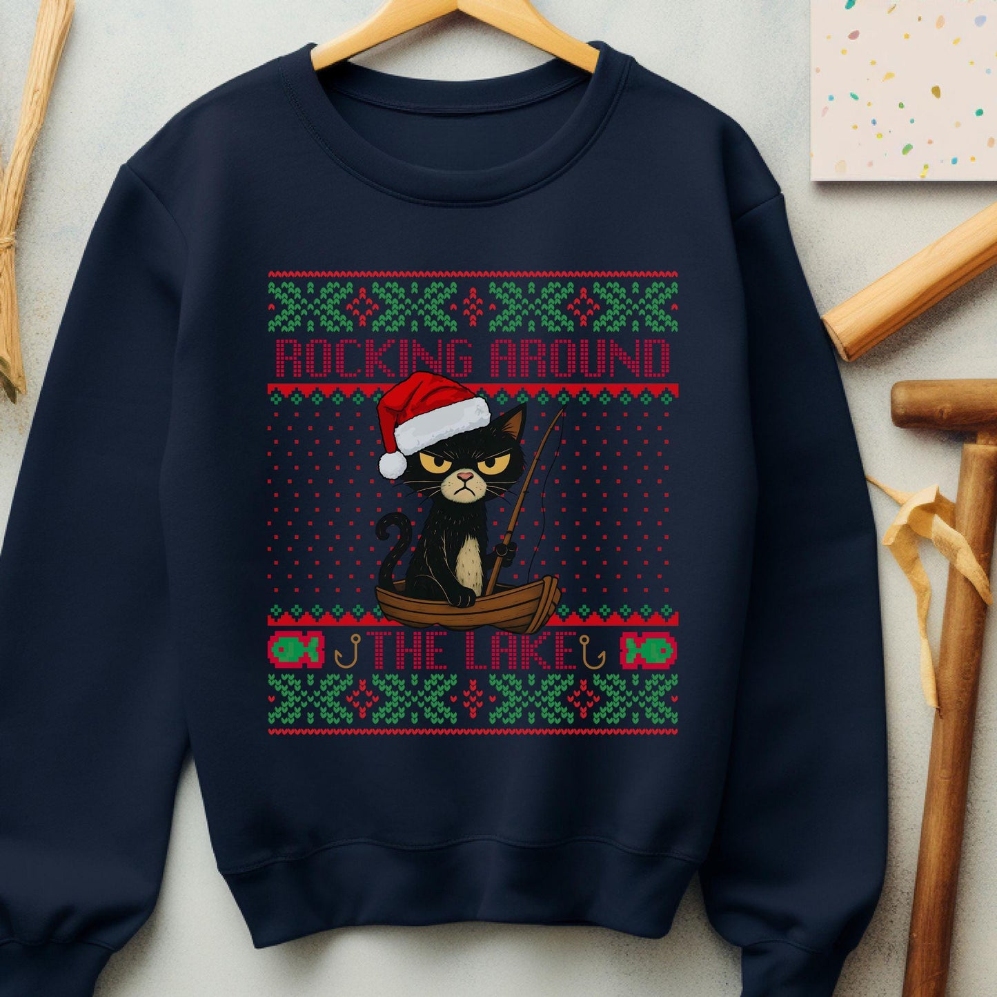 Rockin' Around the Christmas Tree Shirt Gift for Fisherman Ugly Christmas Fishing Gift Ideas Gift for Dad Cat Dad Christmas