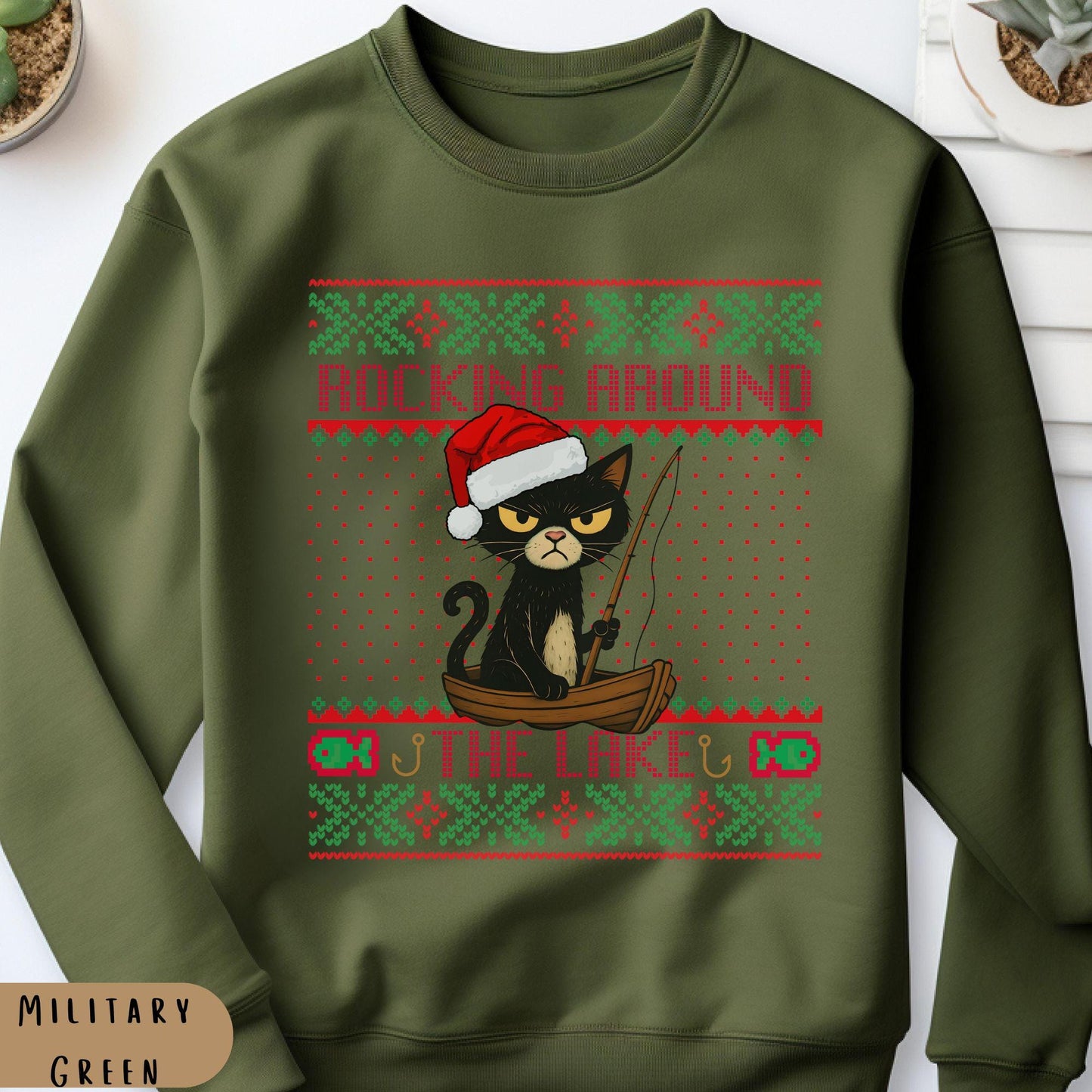 Rockin' Around the Christmas Tree Shirt Gift for Fisherman Ugly Christmas Fishing Gift Ideas Gift for Dad Cat Dad Christmas
