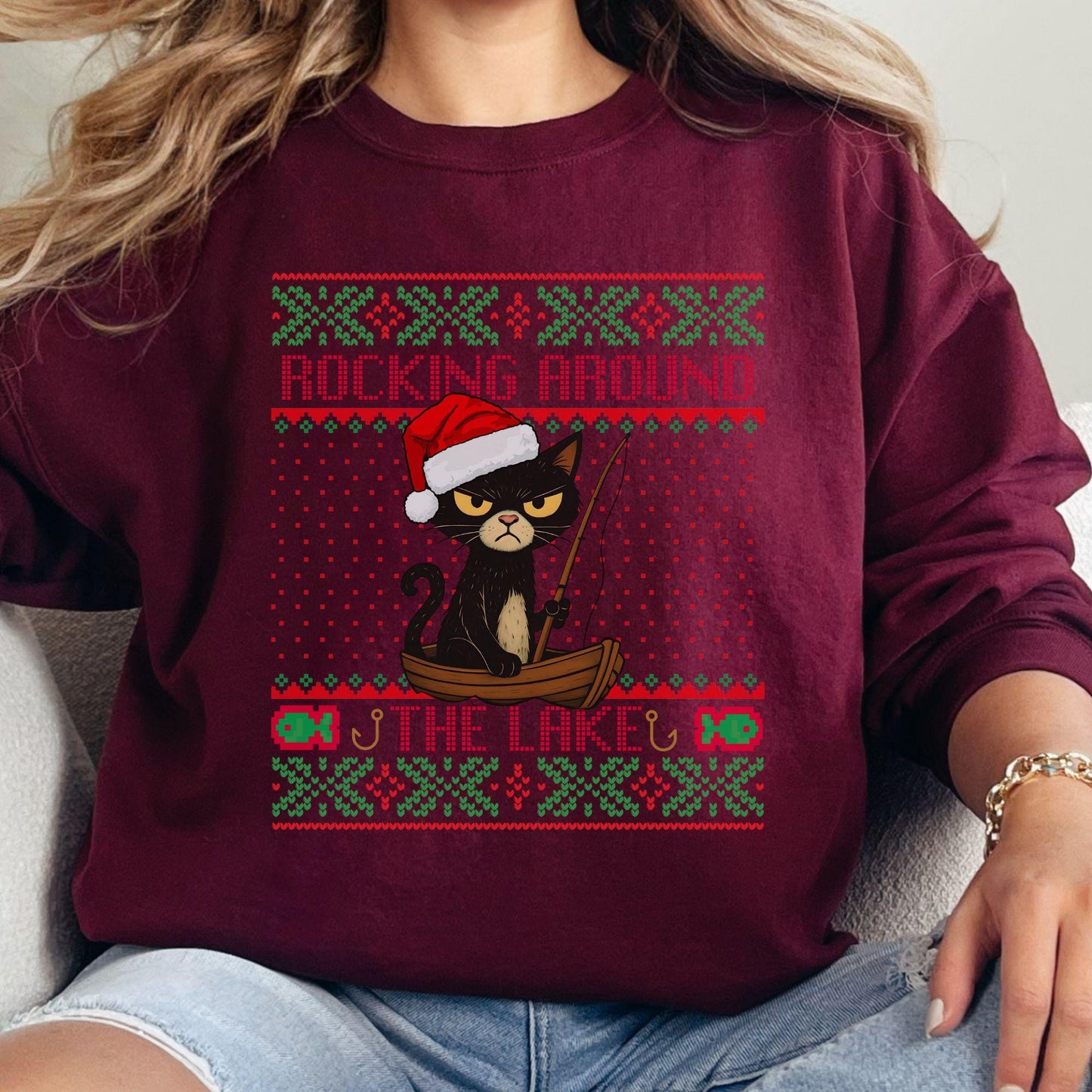 Rockin' Around the Christmas Tree Shirt Gift for Fisherman Ugly Christmas Fishing Gift Ideas Gift for Dad Cat Dad Christmas