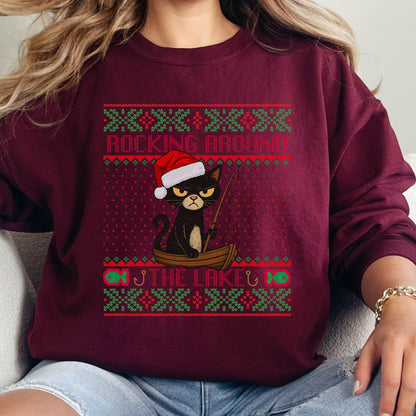 Rockin' Around the Christmas Tree Shirt Gift for Fisherman Ugly Christmas Fishing Gift Ideas Gift for Dad Cat Dad Christmas