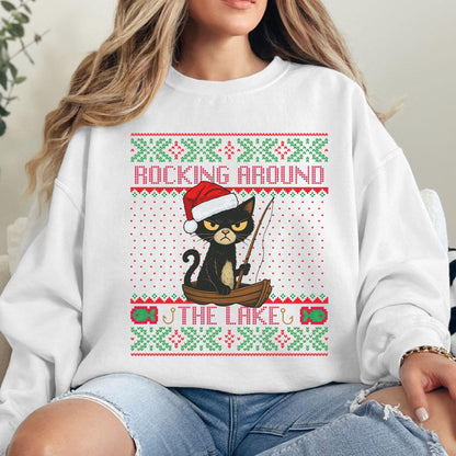 Rockin' Around the Christmas Tree Shirt Gift for Fisherman Ugly Christmas Fishing Gift Ideas Gift for Dad Cat Dad Christmas