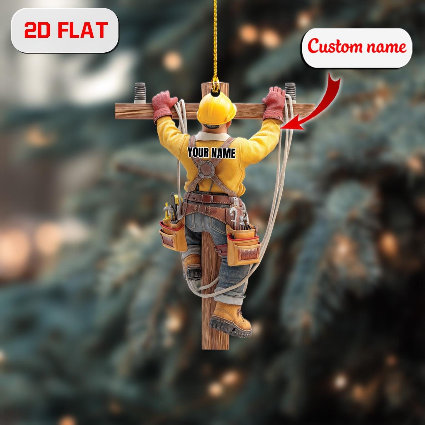 2D Flat Lineman Ornament, Personalized Electrician Gift, Custom Name Power Lineman Decor, Utility Worker Christmas Ornament Keepsake