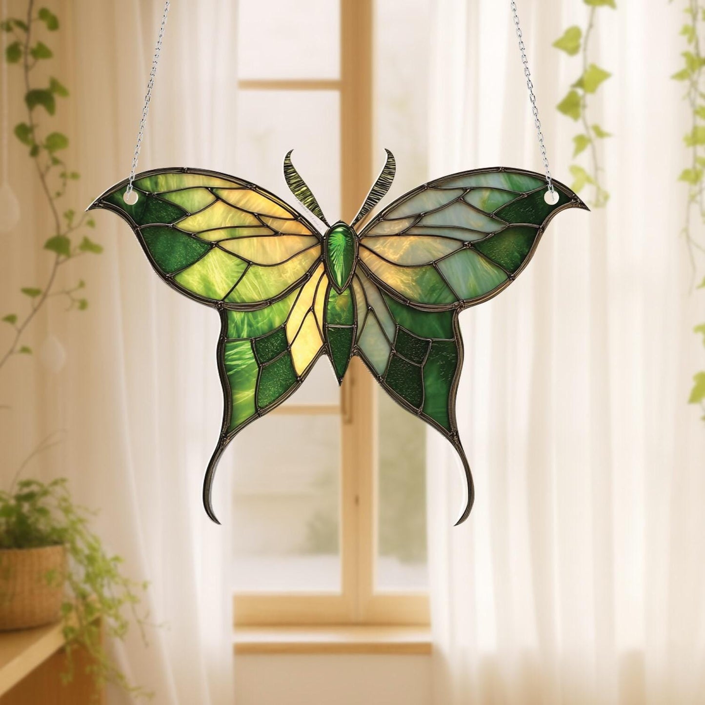 Green Butterfly Window Hanging, Nature Inspired Home Decor, Boho Insect Ornament, Botanical Window Art, Spring Summer Room Decoration