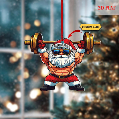 Personalized Santa Gym 2D Flat Ornament, Personalized Santa Gym ornament, Santa Claus Weightlifting Christmas Ornament, Gym lover ornament