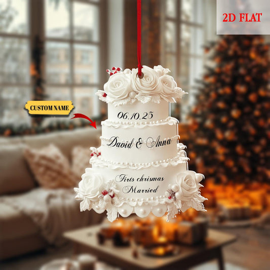 Personalized First Christmas Married Ornament, Wedding Cake 2D Flat Ornament, Custom Name and Date Ornament, Memory, Wedding Ornament