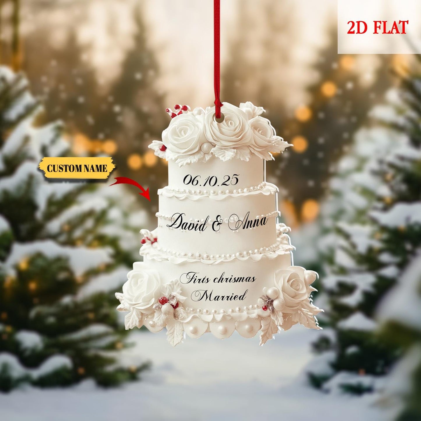 Personalized First Christmas Married Ornament, Wedding Cake 2D Flat Ornament, Custom Name and Date Ornament, Memory, Wedding Ornament