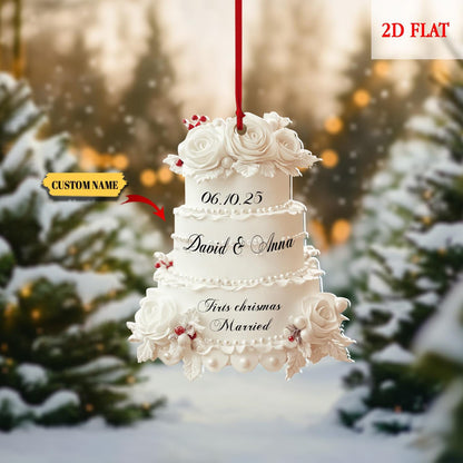 Personalized First Christmas Married Ornament, Wedding Cake 2D Flat Ornament, Custom Name and Date Ornament, Memory, Wedding Ornament