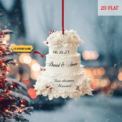 Personalized First Christmas Married Ornament, Wedding Cake 2D Flat Ornament, Custom Name and Date Ornament, Memory, Wedding Ornament