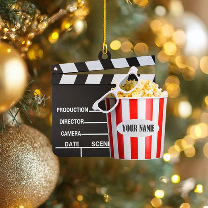 Personalized Film Clapboard with popcorn Ornament, Christmas Gift For Watching Movie Lover, Xmas Tree Decor
